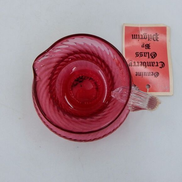 Pilgrim Glass Handblown Swirl Cranberry Vase Pitcher Applied Clear Handle 3 Inch - Picture 7 of 9